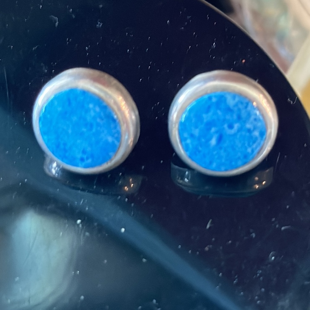 Pair if sterling silver turquoise round button shaped stud earrings deep blue